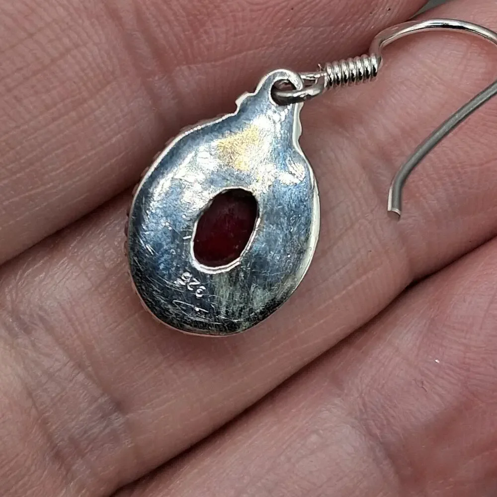 Sterling Silver Ruby Dangle Earrings 925 Bali Style Red Stone 1.25